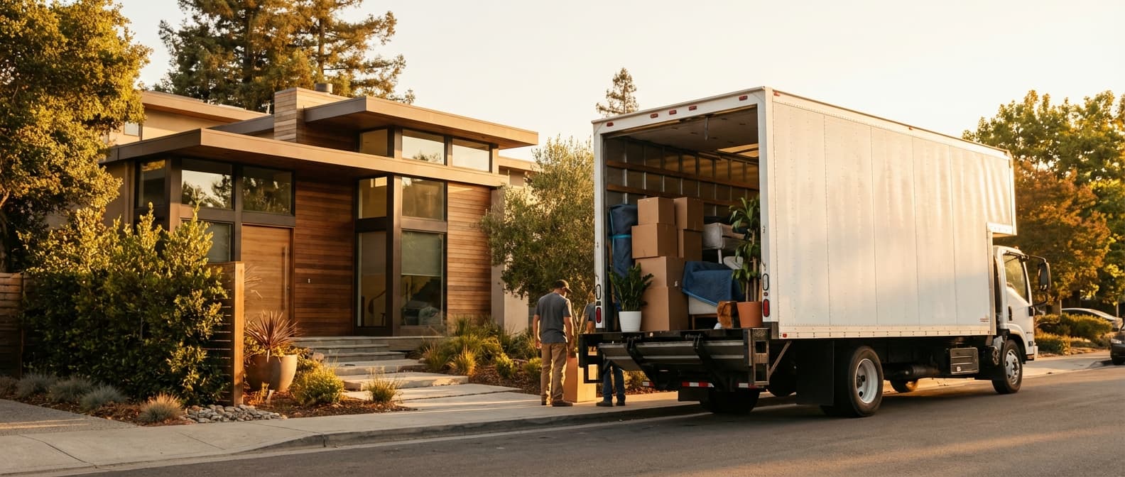 Hauling truck being loaded outside a modern home